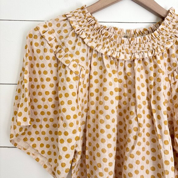 VOY Anthropologie cream and yellow polka dot top with ruffle collar - Picture 2 of 6